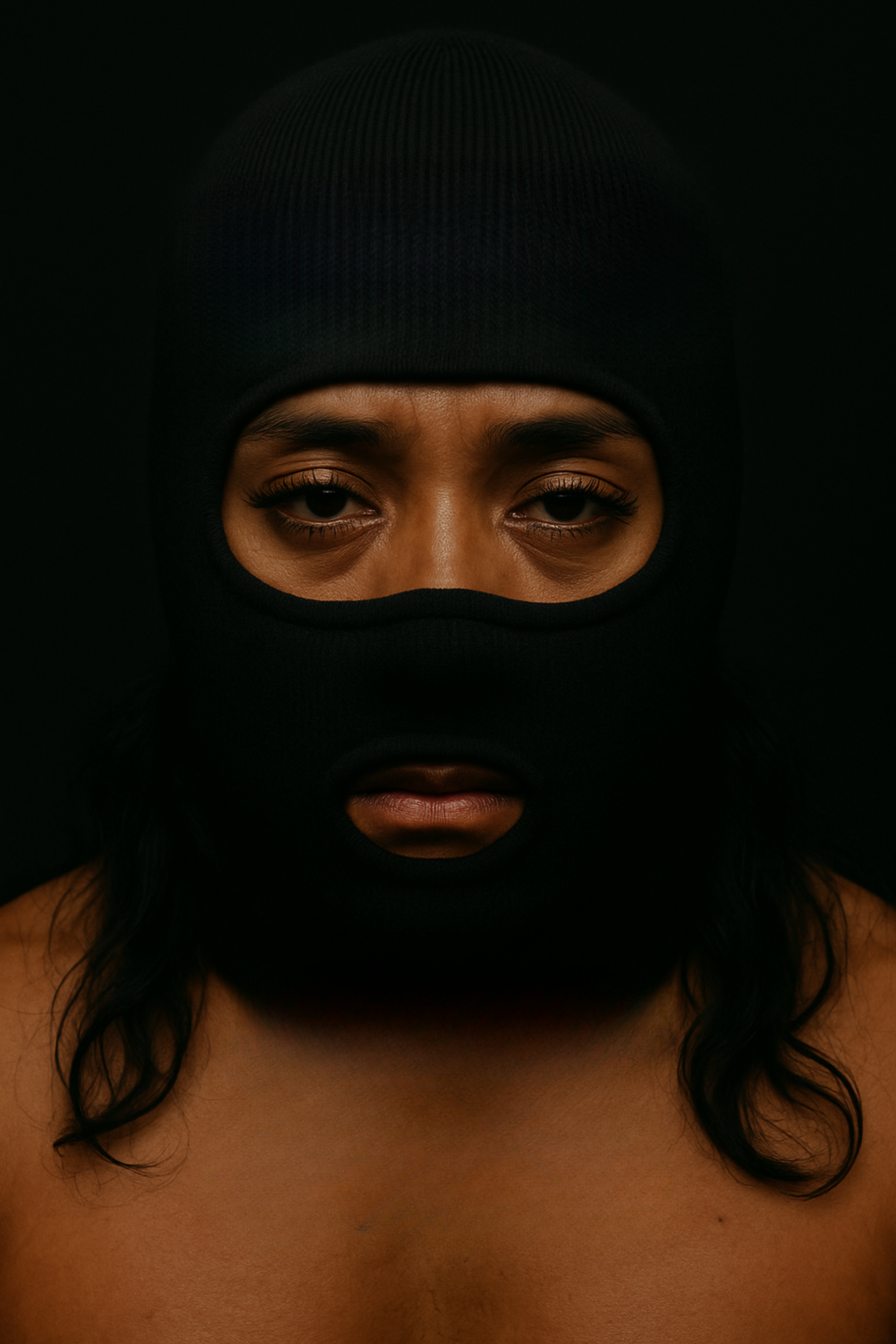 Person wearing a black balaclava against a dark background